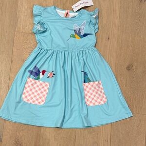 NWT Penelope Plumm Short Sleeve Aqua Girls Dress with Hummingbird Design size 6